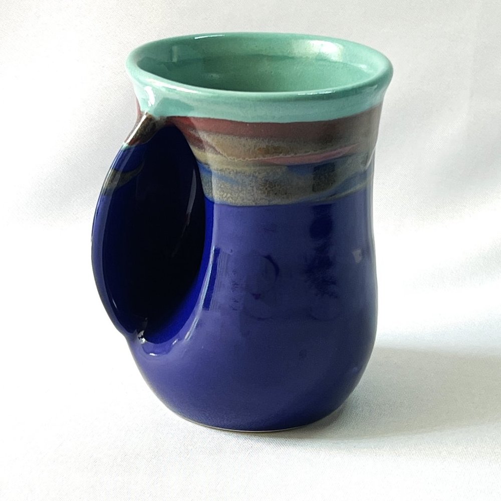 Handmade Artisan Neher Hand Warmer Mug Clay in Blue Motion Mystic Water Signed